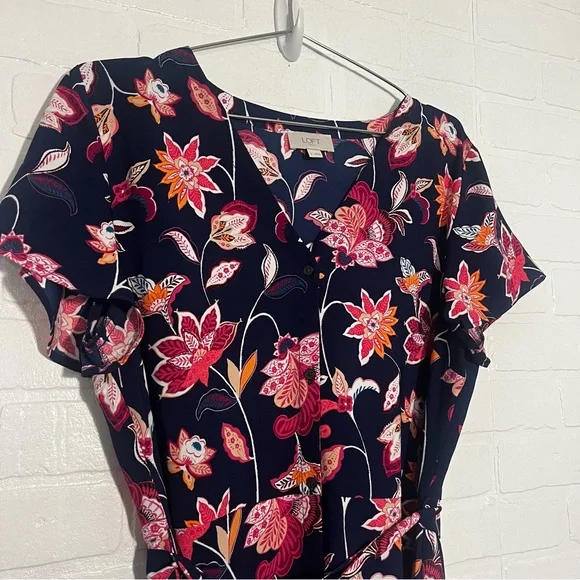 LOFT Womens Midi Dress Navy Blue and Pink Floral Midi Dress Short Sleeve Size 12 - Picture 2 of 6